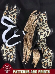 SHEIN LUNE 豹纹爱心图案圆领短袖修身女式T恤，适合夏季穿着，适合外出休闲穿着。 - 黑色 - 查看 3