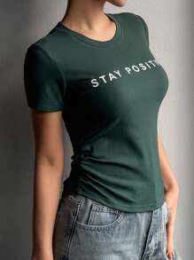 DAZY 女士休闲简约字母印花短袖 T 恤 - 綠色 - 查看 3