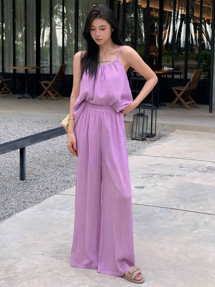 2pcs/Set Women Plain Pleated Drawstring Camisole And Wide Leg Pants Casual Vacation Summer Outfit