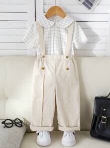 SHEIN Leap Crew 2 pièces/set Chemise casual à col claudine et salopette pour bébé garçon dans un style élégant, convient pour les occasions de printemps/été comme les anniversaires, baptêmes, 1er anniversaire, cérémonies, représentations, mariages