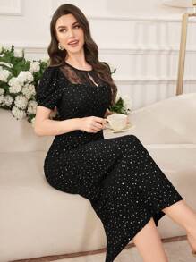 Modelyn Vestido mini casual de corte ajustado con panel de encaje y mangas cortas para mujer - Negro - Ver 9