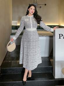 Dazy Petite Plus 大码拼色圆领中长连衣裙，黑白，90 年代春夏服装，秋季服装长袖格子连衣裙 - 黑與白 - 查看 3