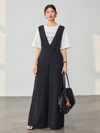 Dazy-Less Women's Business Casual Office Wear Deep V Neck Cinched Waist Jumpsuit Women Rompers