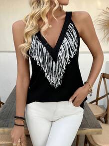Chiquease 1st Dames Sling Top met kwastjes en ongelijke zoom, vakantie retro print