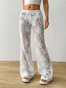 SHEIN EZwear Quần ống đứng buộc eo ren hoa cho nữ - trắng - Xem 4