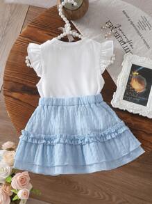 Infant Girl Korean Style Cute Butterfly Print Knit Ruffle Blouse And Woven Textured Skirt Set, Summer - Multicolor - View 8