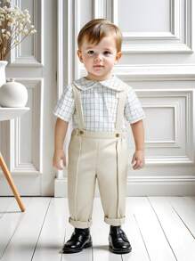 SHEIN Leap Crew 2 pièces/set Chemise casual à col claudine et salopette pour bébé garçon dans un style élégant, convient pour les occasions de printemps/été comme les anniversaires, baptêmes, 1er anniversaire, cérémonies, représentations, mariages