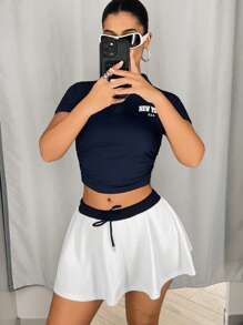 SHEIN ICON Women Y2k Short Sleeve Letter Print T-Shirt And Contrast Color Mini Tennis Skirt 2pcs Set,Everyday Wear,Sporty Style