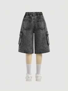 SHEIN Tween Girls Y2K Fashion Retro Stonewashed Flap Pocket Baggy Denim Cargo Jeans Long Shorts, Girls Fall Clothes Back To School Outfits - Light Grey - View 2