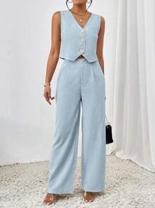 Chiquease Conjunto de Uniforme Casual, Colete na Cor Sólida e Calça Comprida - Azul bebê - Visão 4