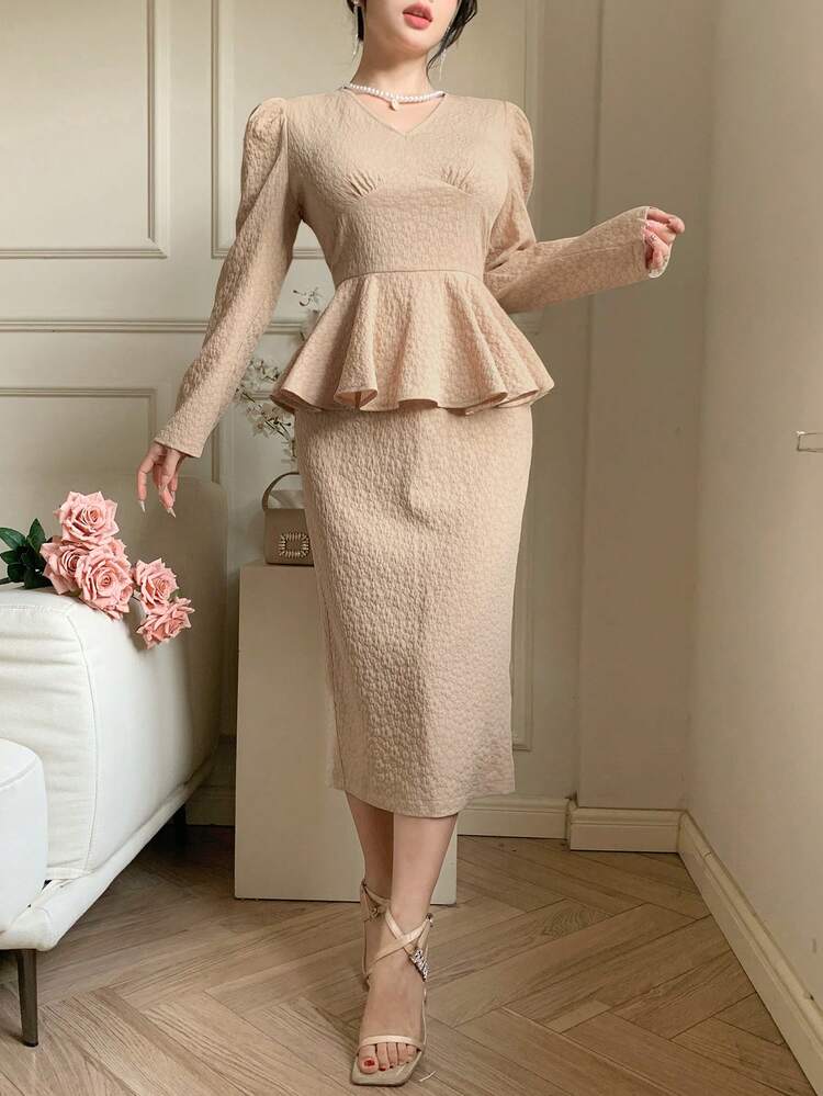 Solid Color V-Neck Ruffle Hem Mid-Length Dress For Women Prom Dress,Fall Dress Long Sleeve Dress Elegant Women Dresses Maxi Dress