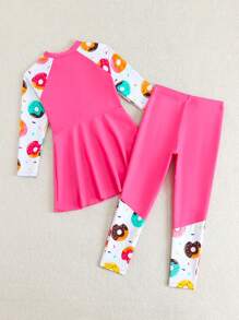 Girls 2pcs Bikini Set, Suspender Crop Top With Cute Donut Pattern Zipper & Printed Pants, Splicing Design - Multicolor - View 2