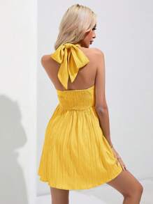 SHEIN Unity Vestido de mujer de unicolor con pliegues, sin mangas, estilo halter, bohemio, de vacaciones, de moda, color amarillo pastel para verano, primavera, otoño - Amarillo - Ver 2