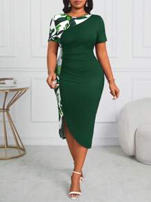 Fleurora Plus Size Floral Print Color Block Ruffle Asymmetrical Hem Round Neck Short Sleeve Bodycon Mini Dress