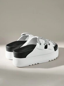 Solecia Women's Thick Bottom Rhinestone Buckle Design Wedge Slide Sandals Spring Break Easter For Casual Beach Style - White - View 5