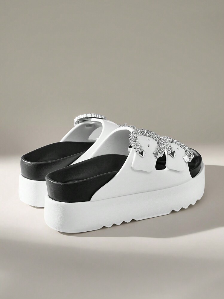 Solecia Women's Thick Bottom Rhinestone Buckle Design Wedge Slide Sandals Spring Break Easter For Casual Beach Style - White - View 5