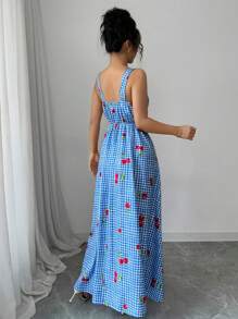 Elenzga 女士度假连衣裙蓝色格子印花樱桃花摇摆吊带连衣裙 - 藍色 - 查看 2
