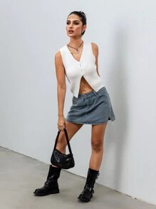SHEIN Unity 女士 V 领纯色休闲修身不对称下摆春夏针织上衣 - 白色 - 查看 5