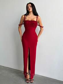 Aloruh 女士优雅纯色酒红色复古性感荷叶边细肩带连衣裙，适合约会、下午茶、舞会、派对、情人节、情人节服装、女士连衣裙、优雅连衣裙、女士节日服装、女士夏季服装、女士红色连衣裙、女士生日连衣裙 - 紅色 - 查看 4