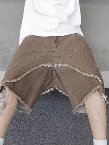 Manfinity EMRG 男式宽松口袋磨边休闲牛仔短裤 - 棕色 - 查看 8