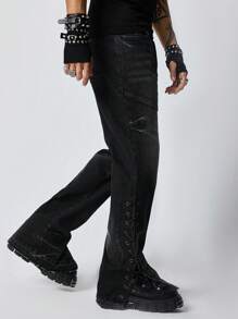 ROMWE MEN Anime Jeans casuales de pierna recta con múltiples bolsillos para hombres