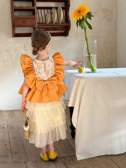 LMoss Kids LMoss Young Girl Woven Solid Color Ruffle Trim Casual Shirt