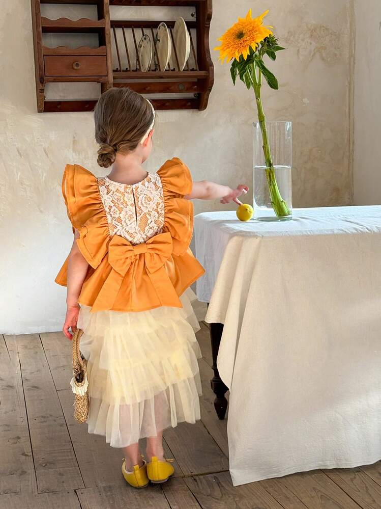 LMoss Kids LMoss Young Girl Woven Solid Color Ruffle Trim Casual Shirt - Yellow - View 1