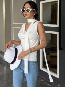 DAZY Women Casual Sleeveless Tank Top, Solid Color, Slim Fit, Resort Style, Summer - White - View 4