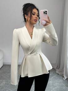 Modelyn 女士编织杏色收腰翻领双排扣长袖西装外套 - 杏色 - 查看 1