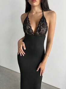 Aloruh Women's Elegant Sexy Lace Patchwork Backless Bodycon Dress Valentine Day - Black - View 4