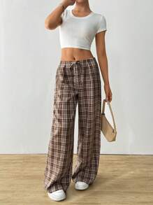 SHEIN EZwear Women's Casual Loose Plaid Drawstring Waist Long Pants - Multicolor - View 7
