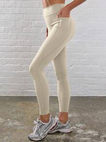 Musera Sport Ribbed High Waist Seam Detail Contour Activewear Leggings, Padel, Tennis, Pickleball Gym Fitness - Beige - View 3