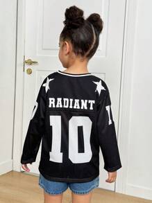 Matching Mom & Sis Young Girls' Casual All-Match Versatile Street Fashion Vintage Mixture Sporty Black & White Ribbed V-Neck Raglan Oversized T-Shirt, Suitable For Street Wear,Holiday,Summer,Travel - Multicolor - View 2