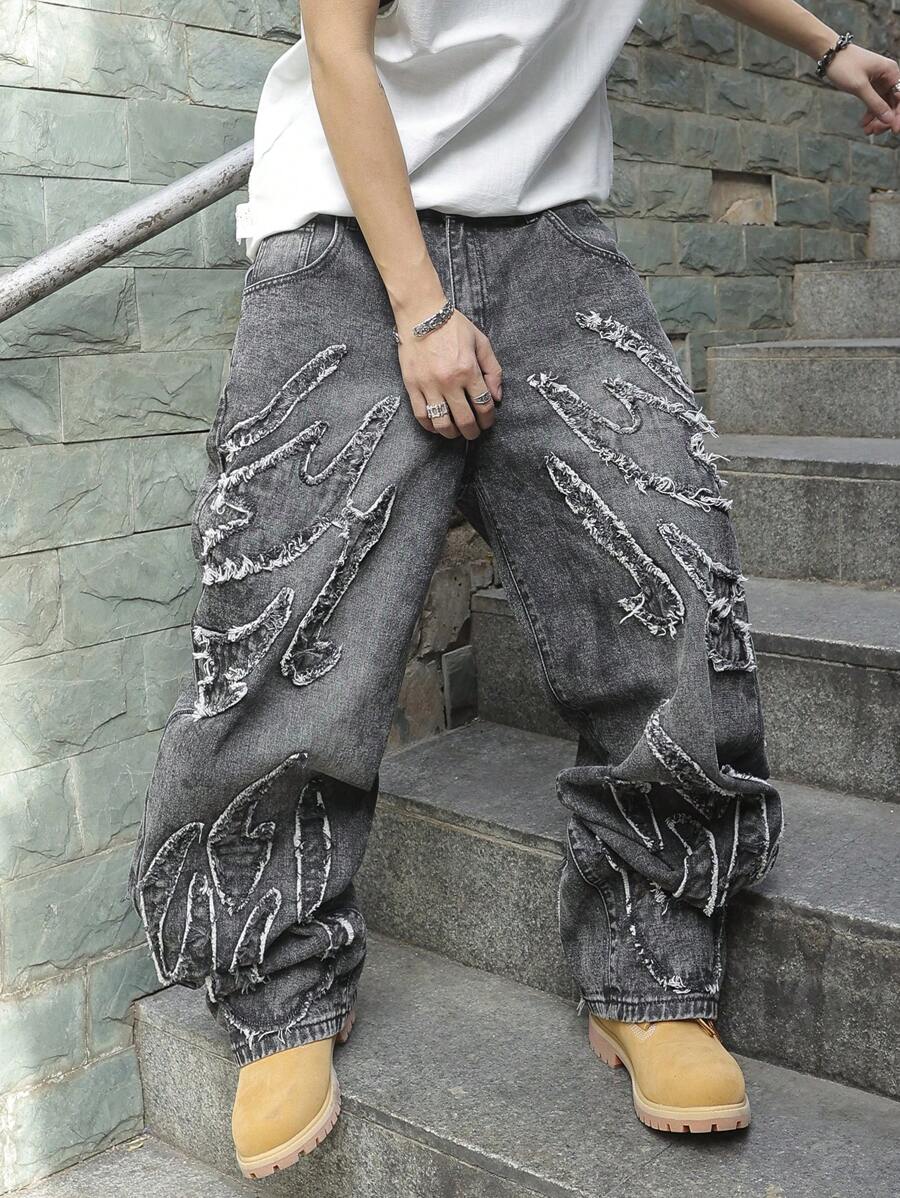 Manfinity Roghcode Men's Casual Pocket Frayed Hem Simple Denim Jeans - Dark Grey - View 1