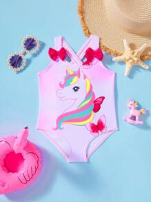 SHEIN Baby Girl Cute Knitted Cartoon Pattern Bow One-Piece Swimsuit, Summer One-Piece Bathing Suit