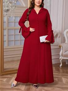 SHEIN Privé Damen Große Größen elegante Modest Kleider Tunika fließend V-Ausschnitt Rüschenärmel Schleife locker Kleid, Frühling/Herbst