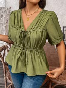 Flirla 大码女式优雅别致 V 领 A 字形蝴蝶结装饰短袖衬衫，通勤休闲度假装，春夏 - 綠色 - 查看 5