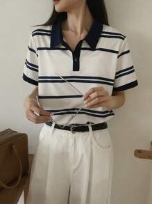 DAZY Maglietta casual a maniche corte con colletto polo, a blocchi di colore e righe per le donne