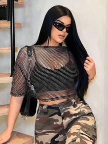 SHEIN SXY 时尚性感透明网眼短款上衣 - 黑色 - 查看 7