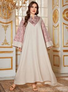 Al Najma Plus Size Elegant Jacquard Patchwork Bell Sleeve Turkish, Modest Kaftan - Apricot - View 6