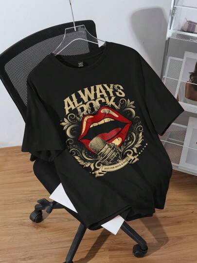 SHEIN EZwear 大码复古嘴唇印花图案圆领短袖宽松 T 恤，适合大码女士，适合夏季