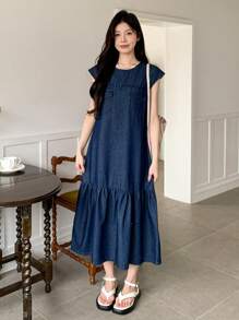 DAZY Women's Round Neck Ruffle Hem Long Denim Dress Sundress - Dark Wash - View 4