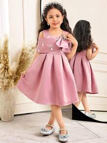 SHEIN Leap Crew Young Girl Elegant Exclusive Asymmetric Large Bow Satin Dress Gown - Pink - View 6