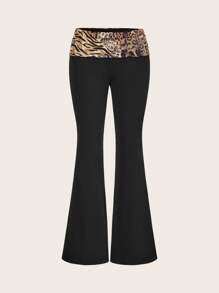 SHEIN EZwear 女士豹纹拼布露肩修身长袖 T 恤和喇叭裤 2 件套 - 彩色 - 查看 5