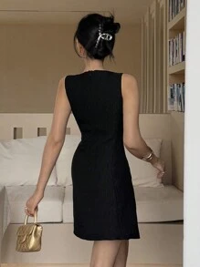 DAZY Summer Sleeveless Solid Color Slim Fit Crew Neck Mini Dress For Women Prom Dress Elegant Sundress