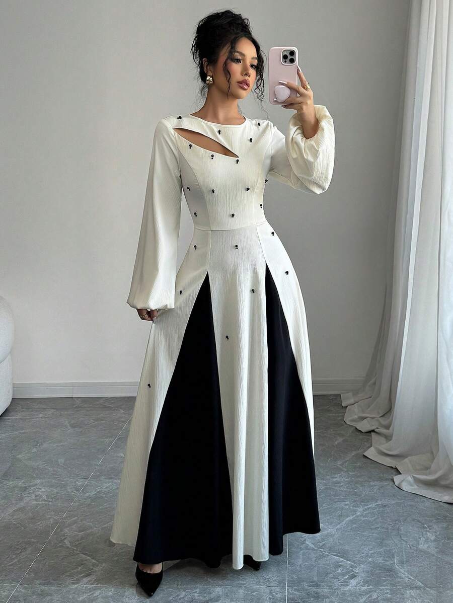 Modelyn 女士优雅双色拼接泡泡珠镂空腰部 A 字形连衣裙长款女装