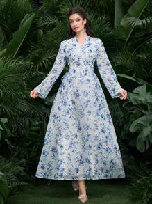 Al Najma 女式 V 领长袖花卉印花休闲阿拉伯连衣裙 - 藍色 - 查看 5