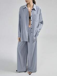 Ontre 2pcs/Set Women Blue Button Front Long Sleeve Pocket Striped Minimalist Top And Pants Set - Black and White - View 7