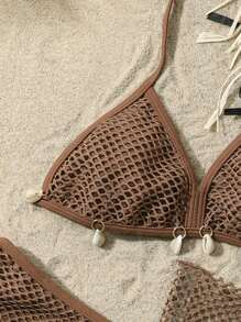 SHEIN Tween Girl 3pcs/Set Swimwear With Brown Shell Triangle Bikini Set, Beach Outfit - Brown - View 6