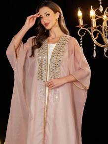 Al Najma Elegant Beaded Blouse Suit For Goddess, Fashion, Modest Kaftan - Pink - View 7